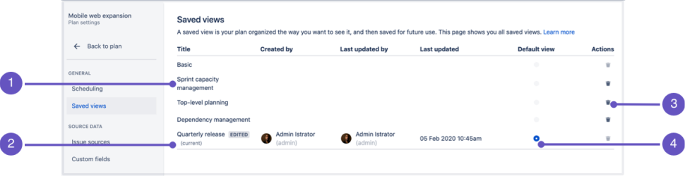 Manage and delete saved views in Advanced Roadmaps for Jira Software Cloud