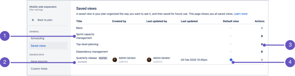 Jira Software Cloud の Advanced Roadmaps で保存されたビューを管理および削除する