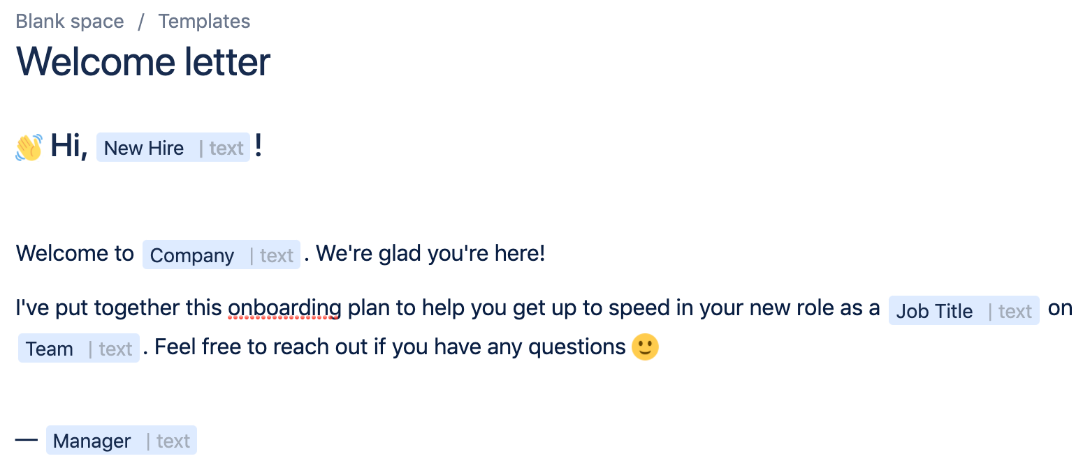 A sample template with text variables for "New Hire," "Company," "Team," "Job Title," and "Manager."