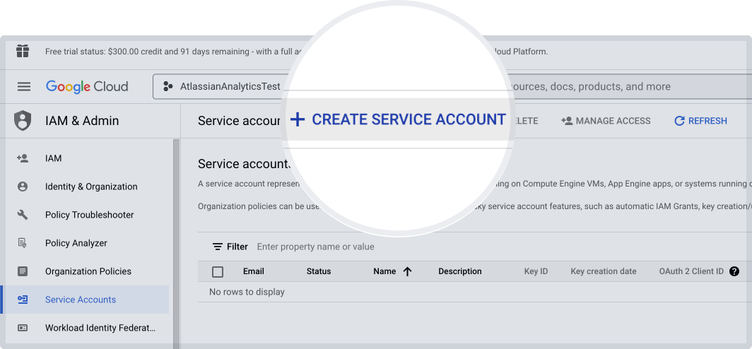 "Create service account" button in Google BigQuery service accounts page
