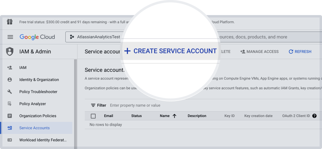 Google BigQuery の [service accounts (サービス アカウント)] ページの [Create service account (サービス アカウントを作成)] ボタン