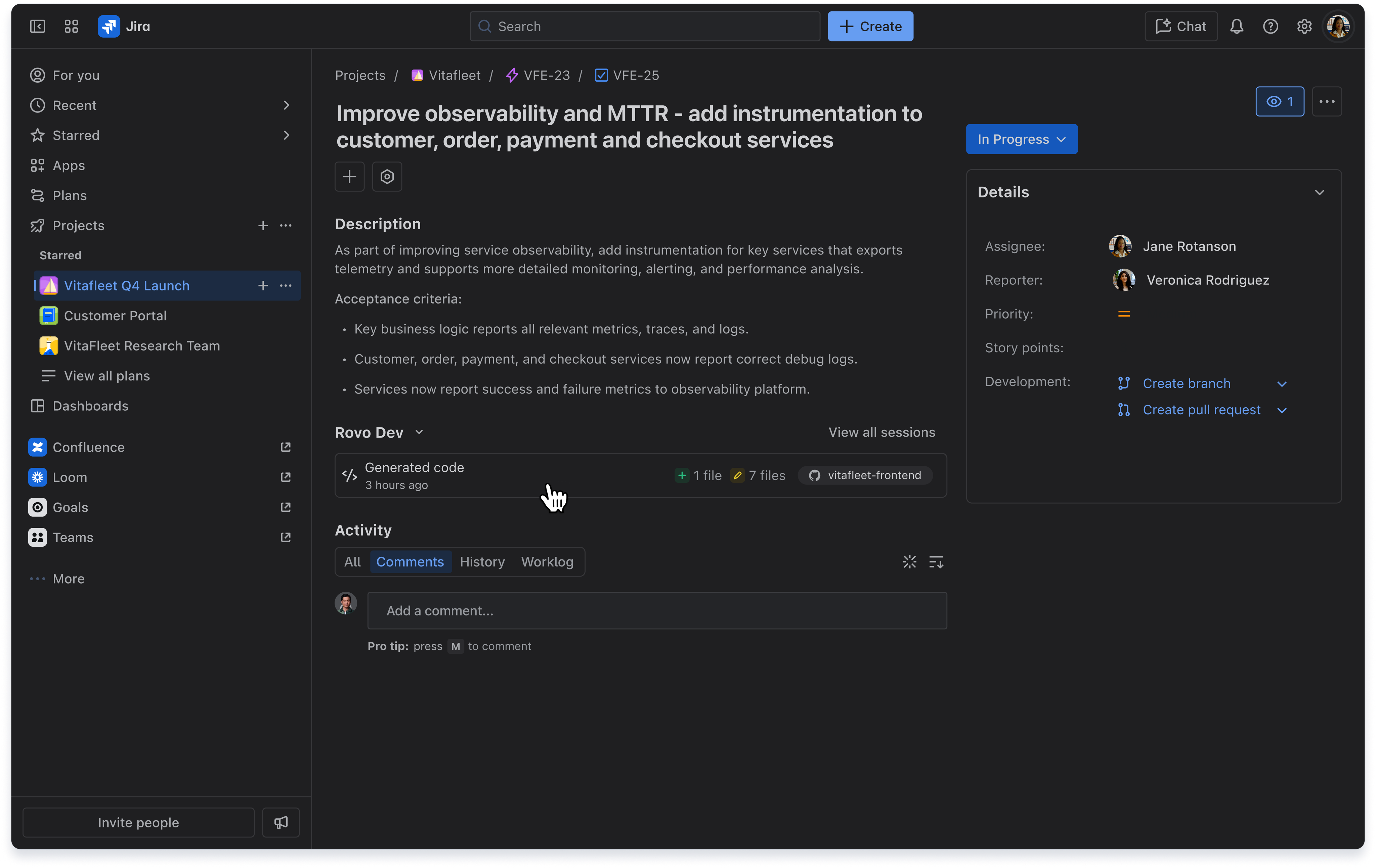 Rovo Dev section appears in work item