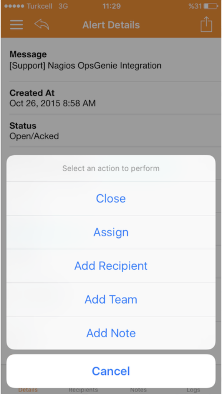 A screenshot of alert actions in Opsgenie's Blackberry app.
