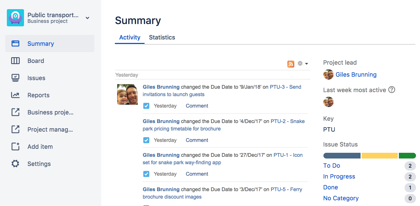 Project summary page showing activity in the project, project lead, and issues in each status category.