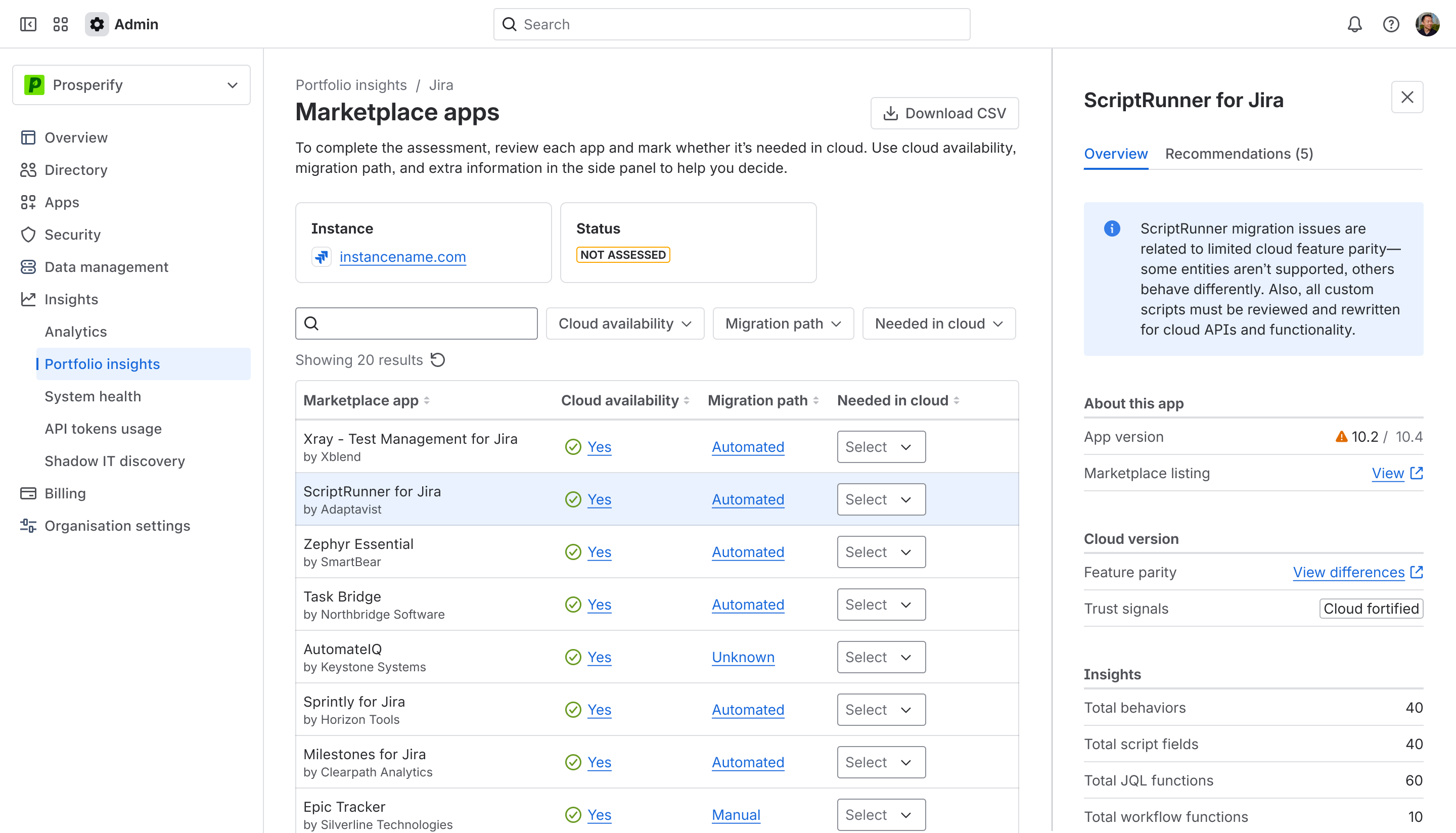 Side panel showing information about ScriptRunner for Jira in the Marketplace Apps assessment page.