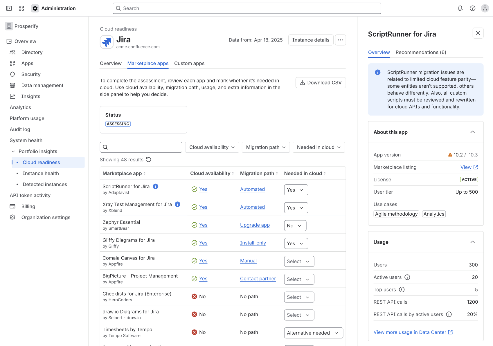 Side panel showing information about ScriptRunner for Jira in the Marketplace Apps assessment page.