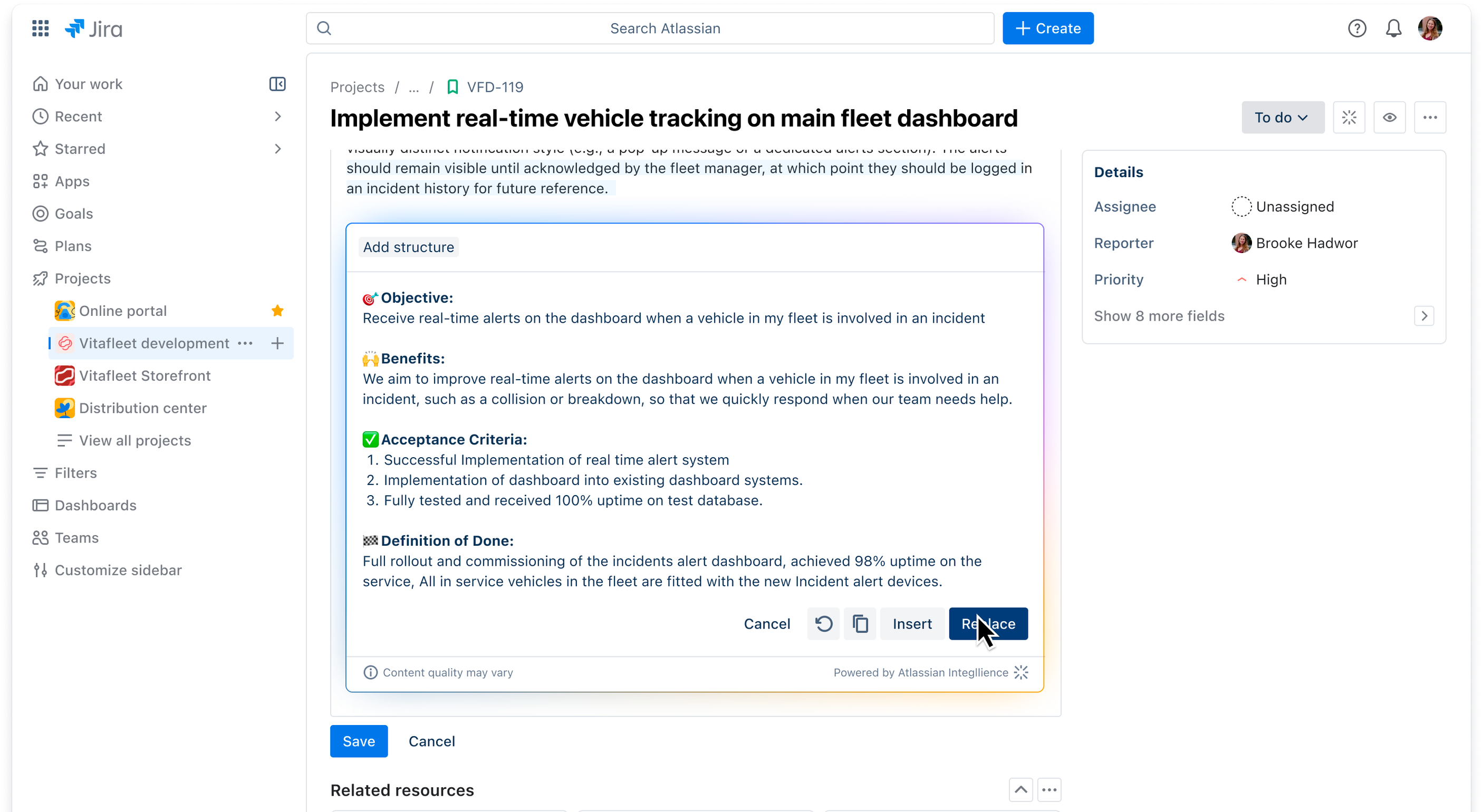 Jira で Atlassian Intelligence を使用して課題を再フォーマットする