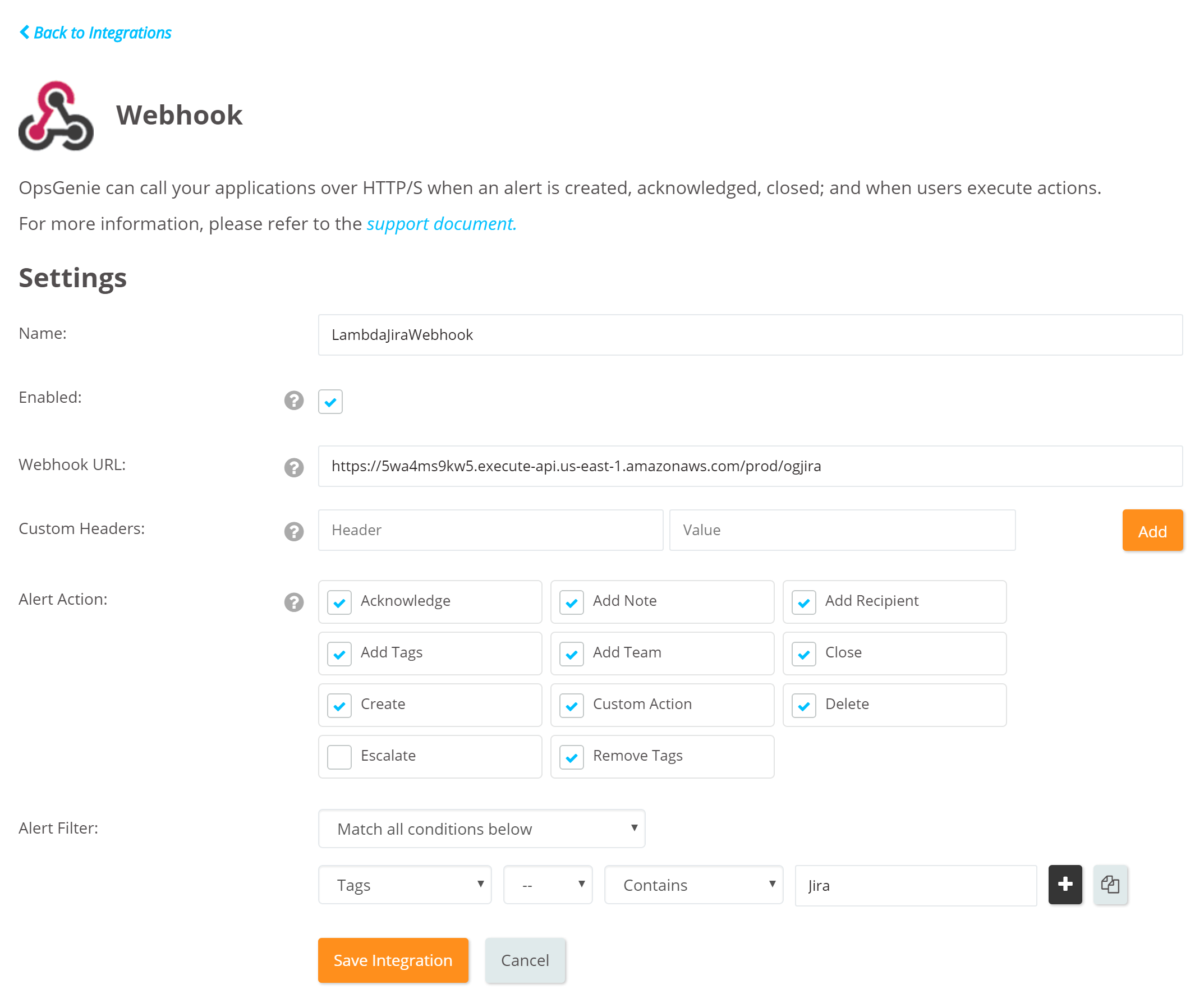 A screenshot showing where to save webhook for AWS lambda integration.