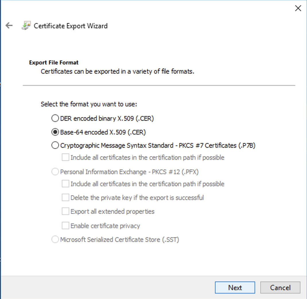 証明書のエクスポートに利用できるファイル形式がリストされた [ファイル形式をエクスポート] 画面