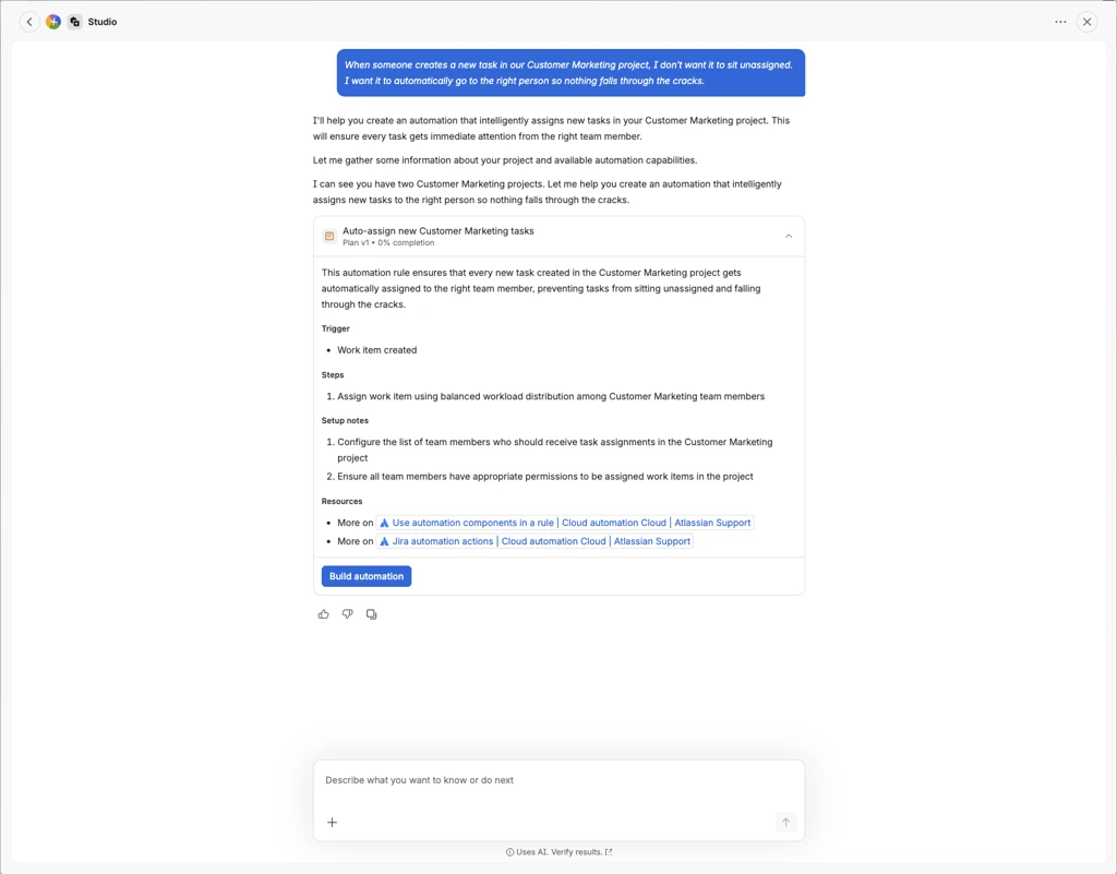 Rovo Studio chat window with A detailed prompt with a response and plan created by Rovo to build an automation.