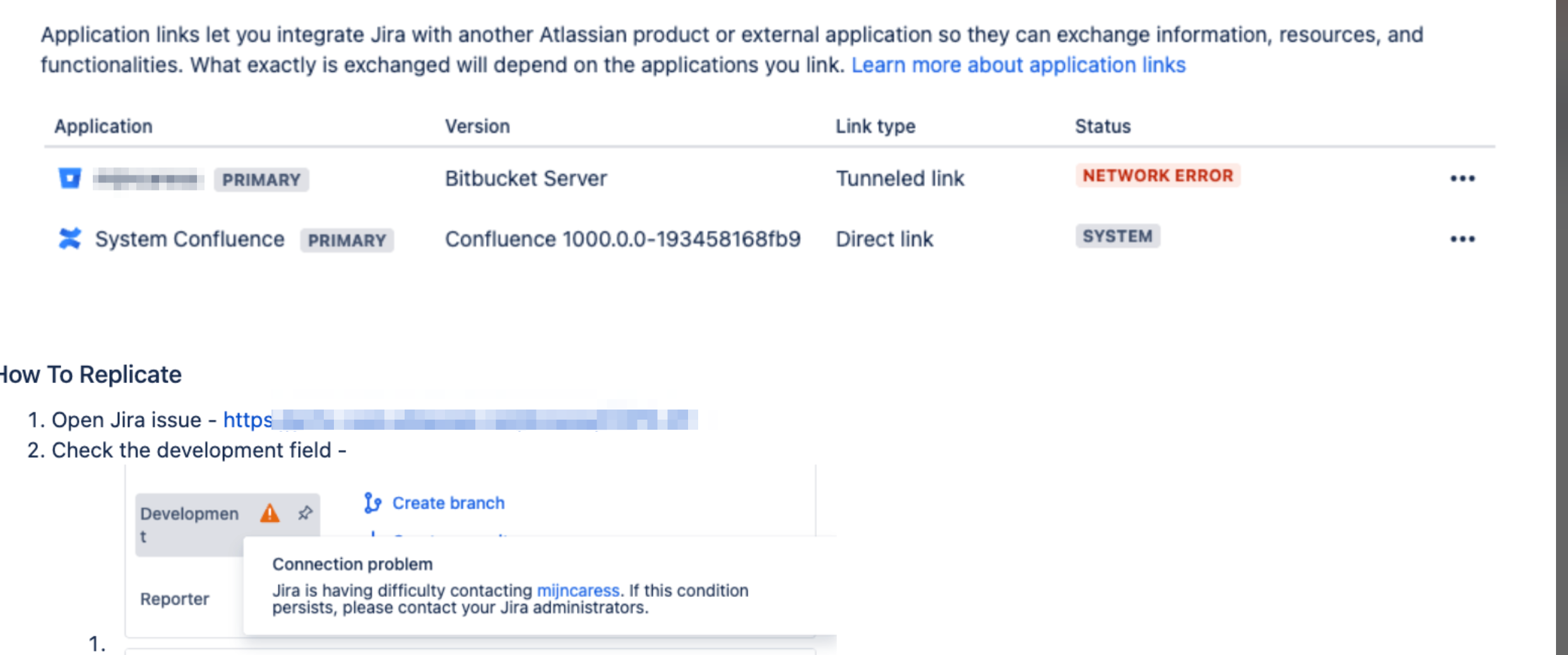 Jira application links showing a network error for Bitbucket Server and system status for Confluence. Instructions on how to replicate the error are included.