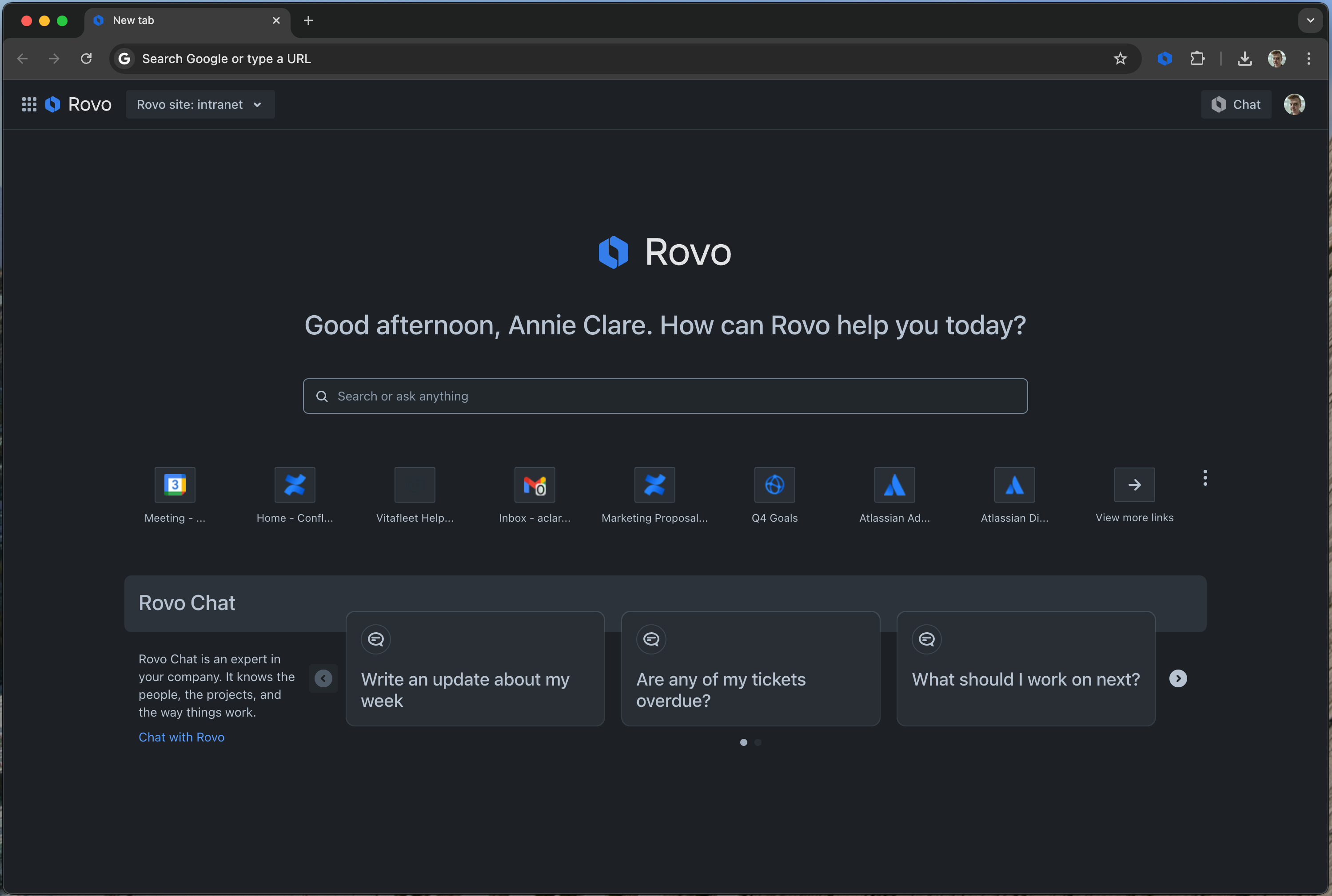 Screenshot of the new tab page using the Rovo extension