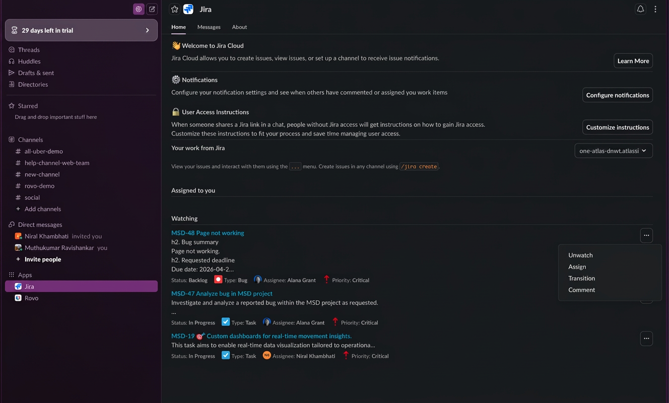 The Jira app in Slack showing work items assigned to you and watching