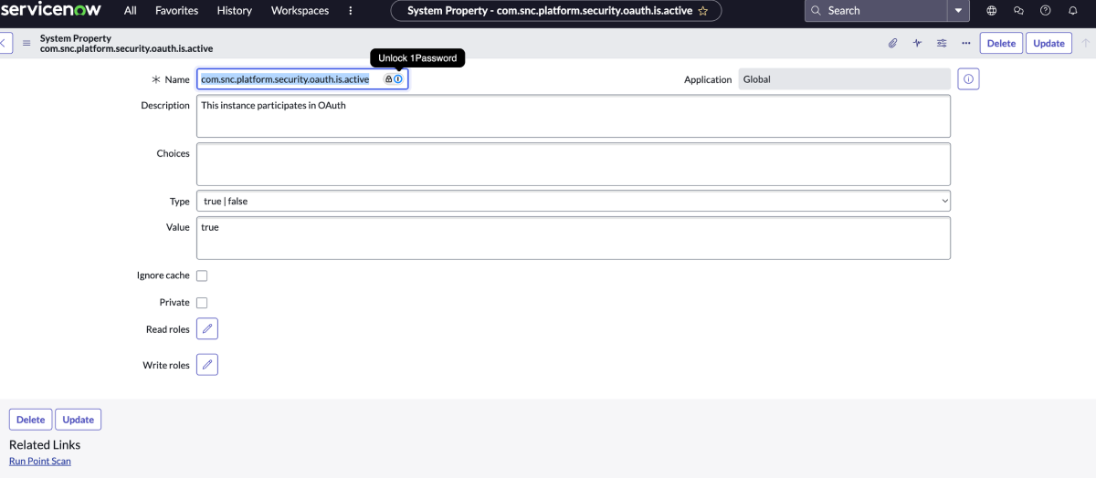 Screenshot of within ServiceNow creating a oauth value as a system property