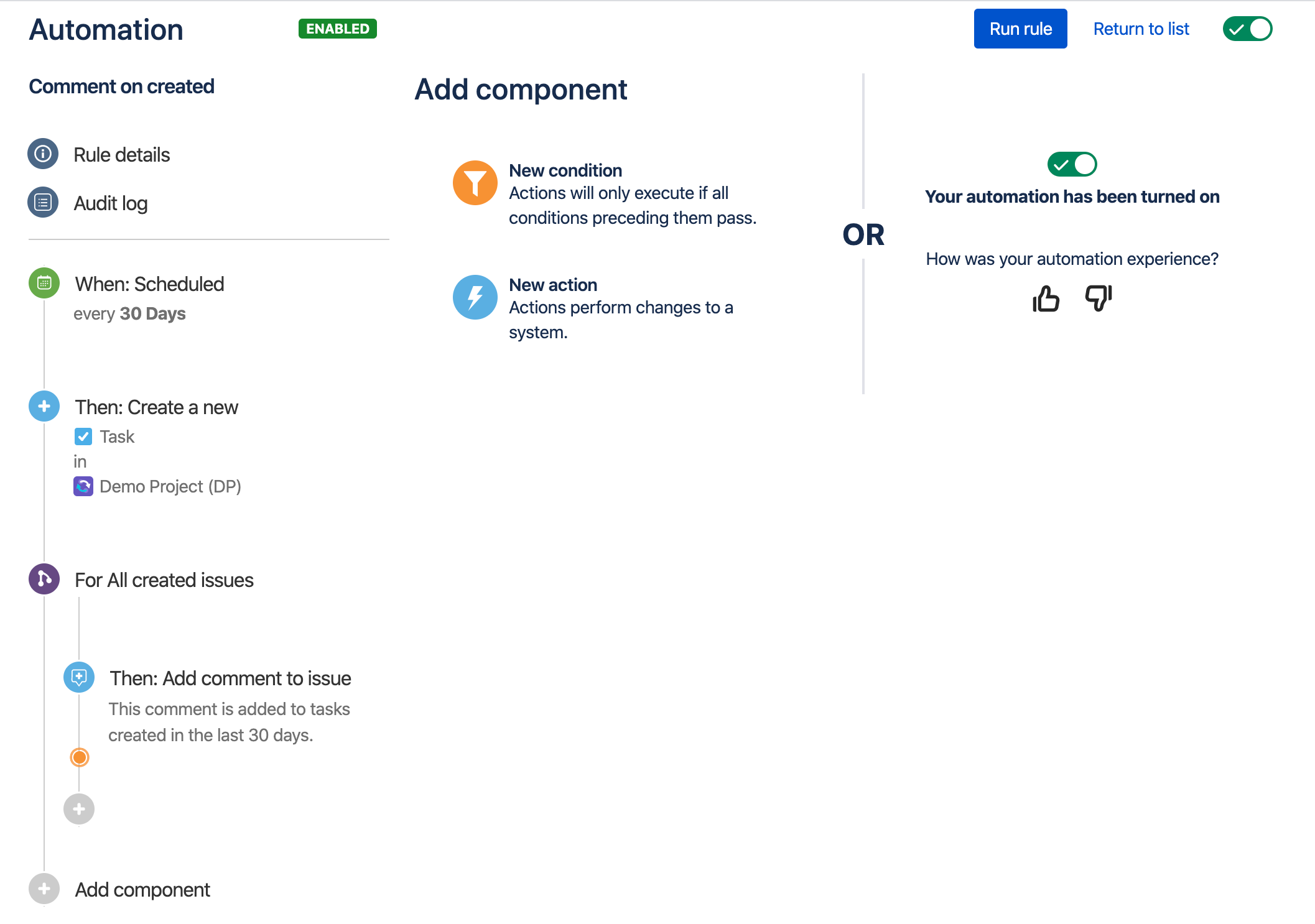 Jira Automation のルール設定。ルールには [スケジュール時] トリガー、[課題を作成]、および作成されたすべての課題に対するブランチがあります。