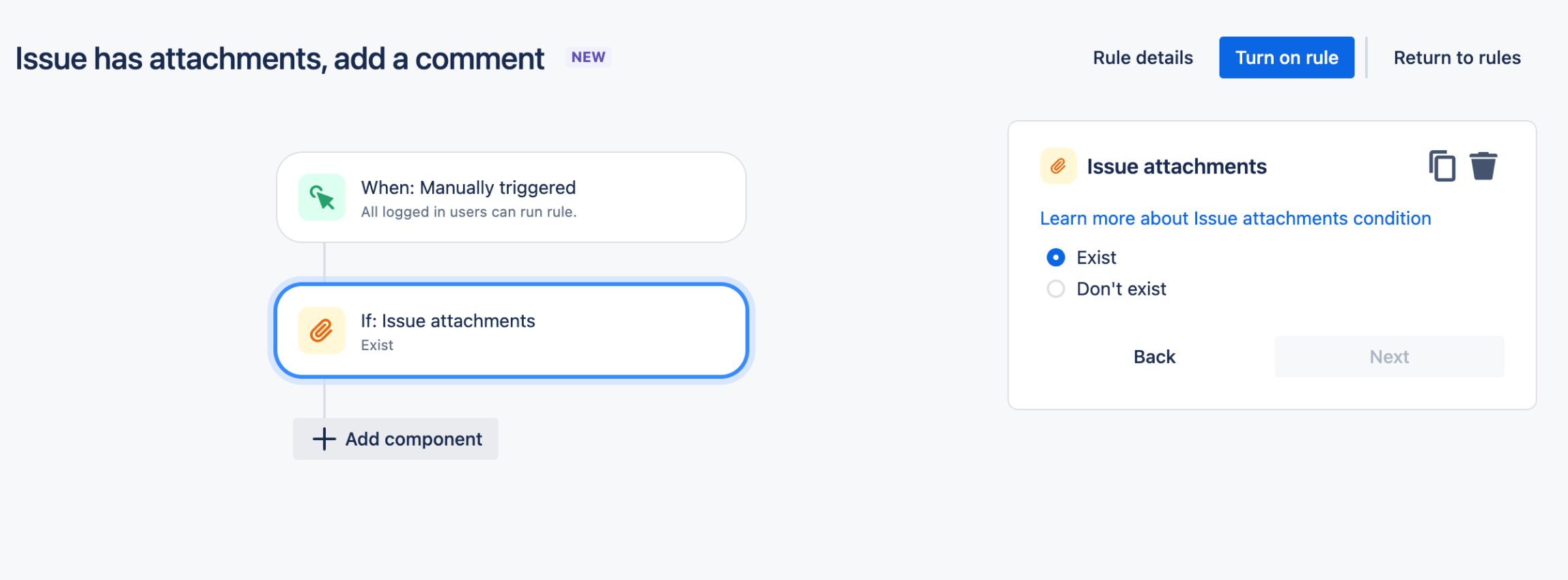 Example of how to use issue attachments condition in an automation rule