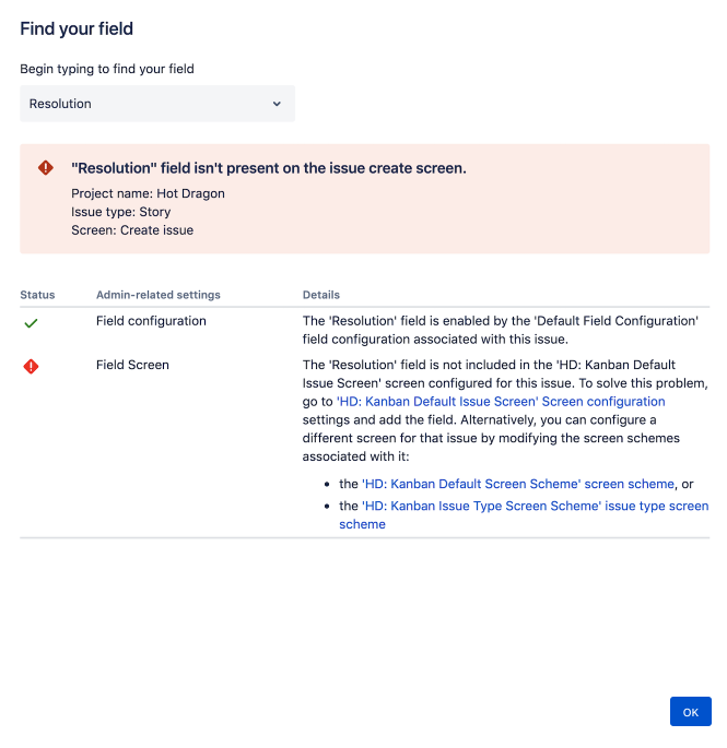 Find your field screen with Resolution field selected. There are statuses, admin-related settings, and details.