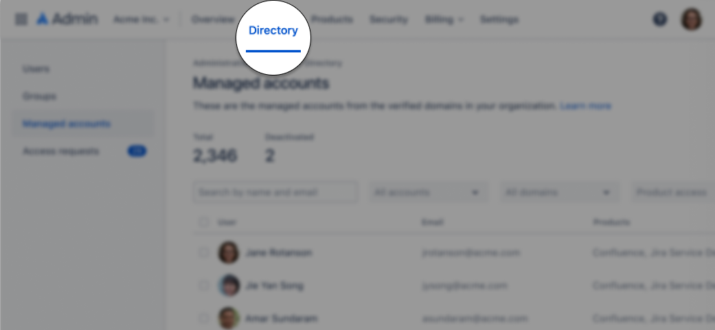 A spotlight on the Directory tab in admin.atlassian.com, while the rest of the screenshot is blurred. 