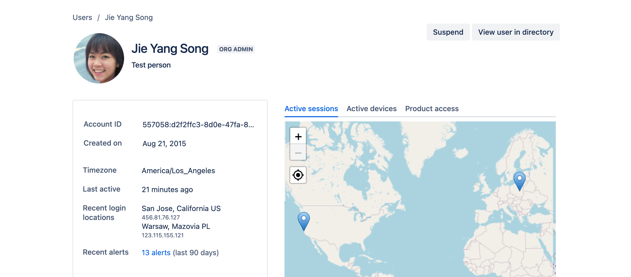 Actor profile showing a map with active sessions in California and Poland