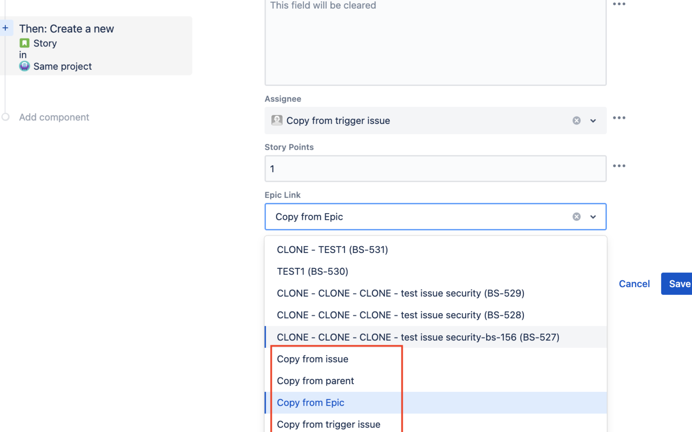 Set EPIC LINk in new issue created via Automation