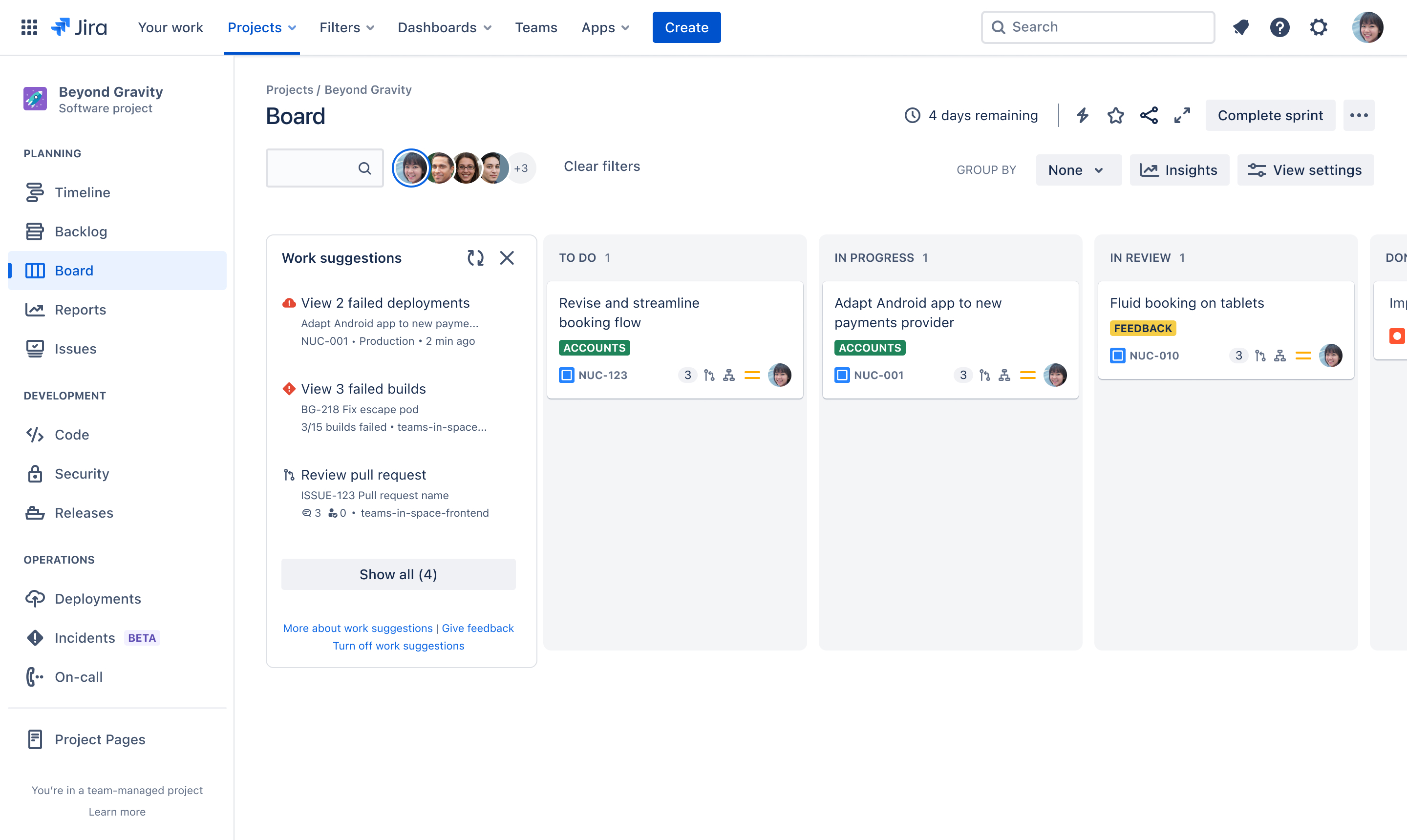 Work suggestions panel on a Jira board when avatar is selected