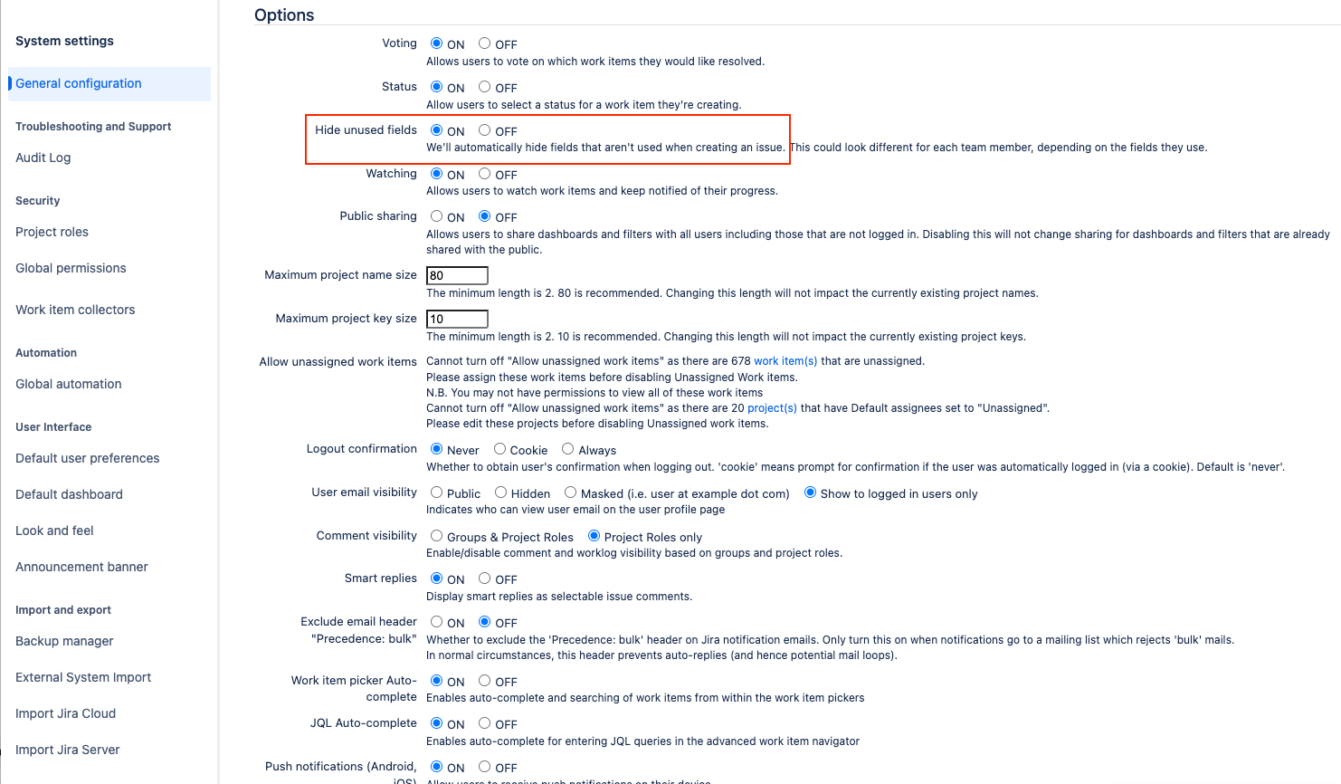 Edit Settings page, Section Options has the setting Hide unused fields with a radio button for ON and OFF. Marked with red rectangle per illustration