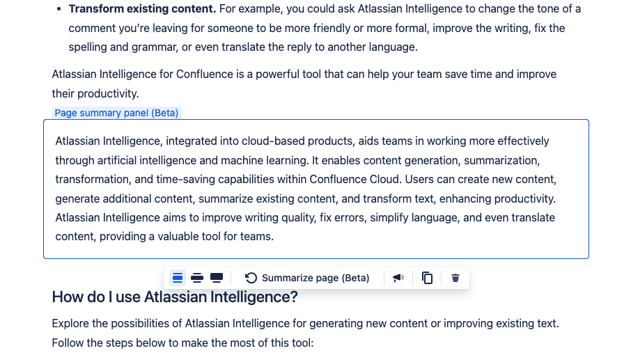 A page summary panel in a page with and AI generated summary.