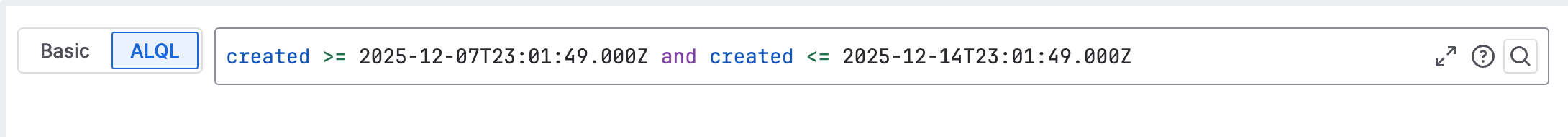 Screenshot of the audit log search bar with ALQL selected