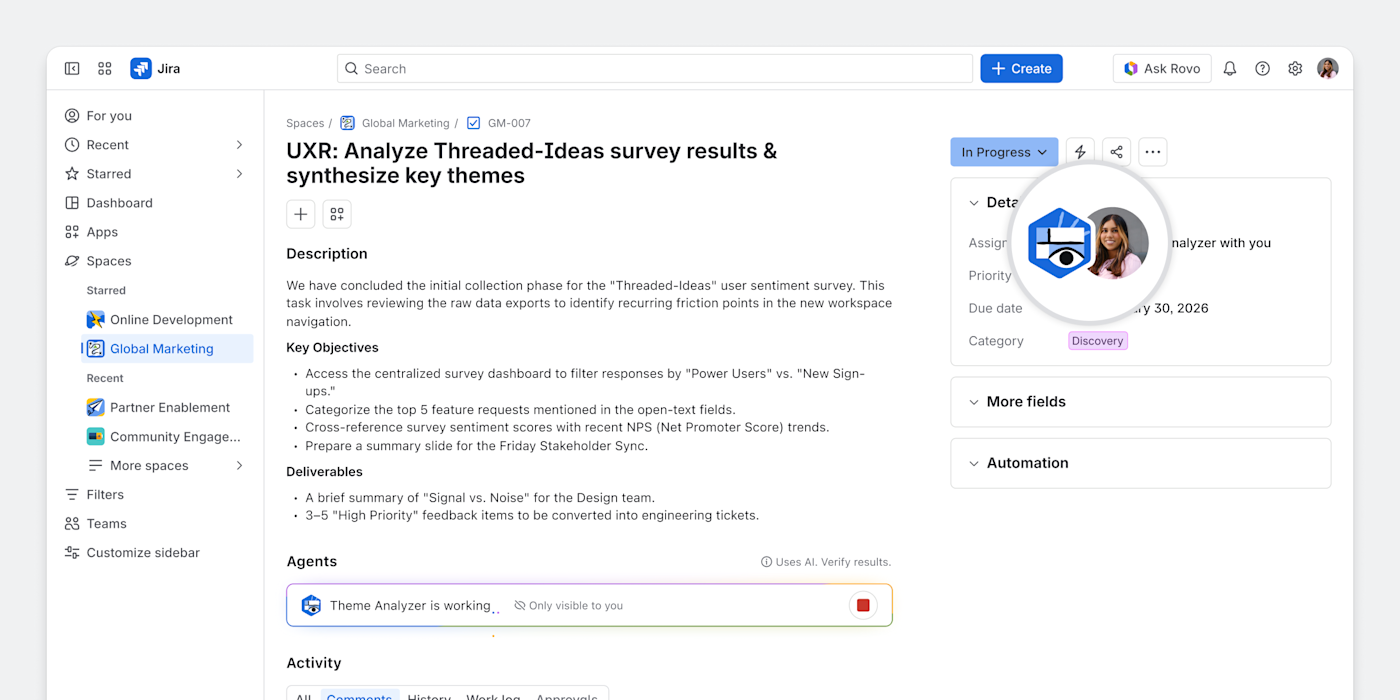 A Jira work item with an AI agent co-assigned to the work alongside a smiling woman