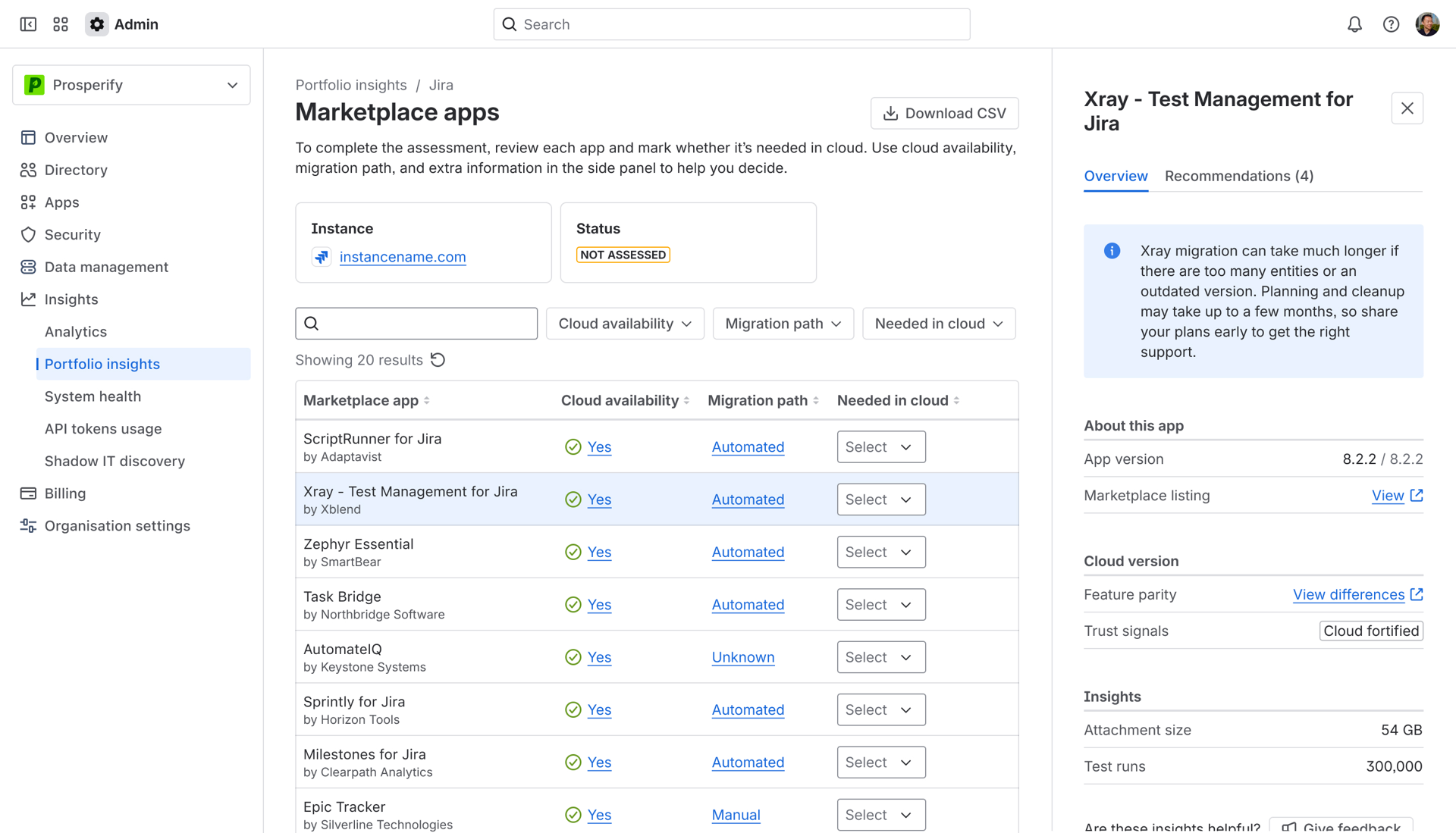 Side panel showing information on Xray Test Management for Jira in the Marketplace Apps assessment page.