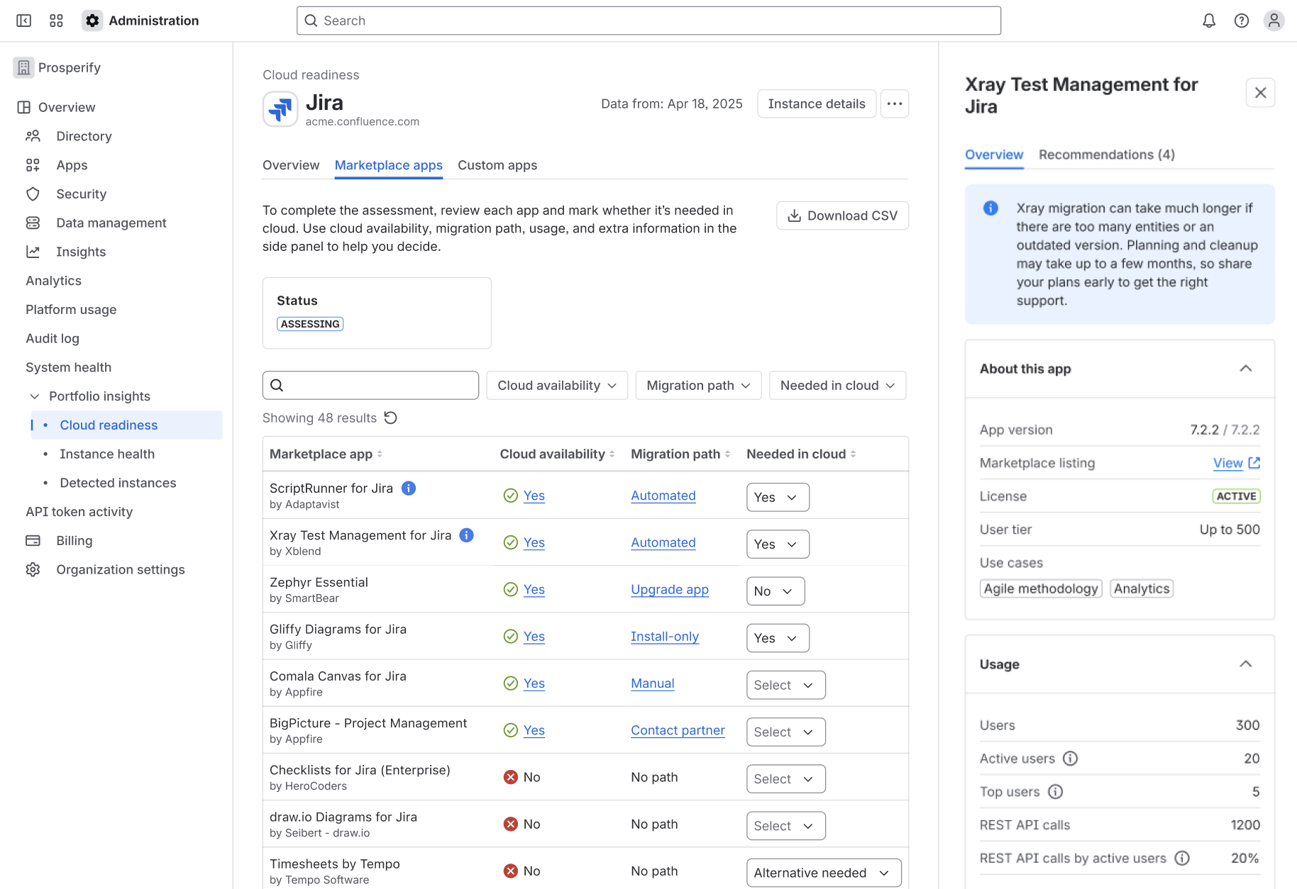 Side panel showing information on Xray Test Management for Jira in the Marketplace Apps assessment page.