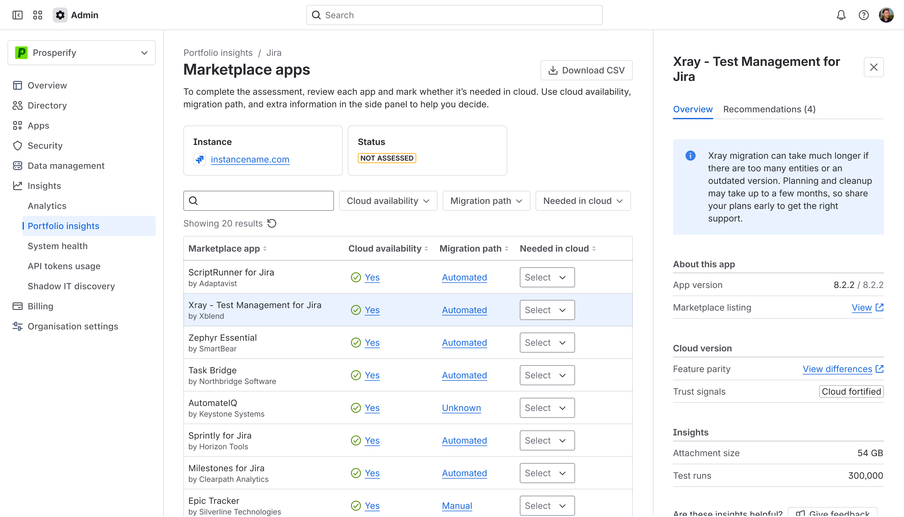 Side panel showing information on Xray Test Management for Jira in the Marketplace Apps assessment page.