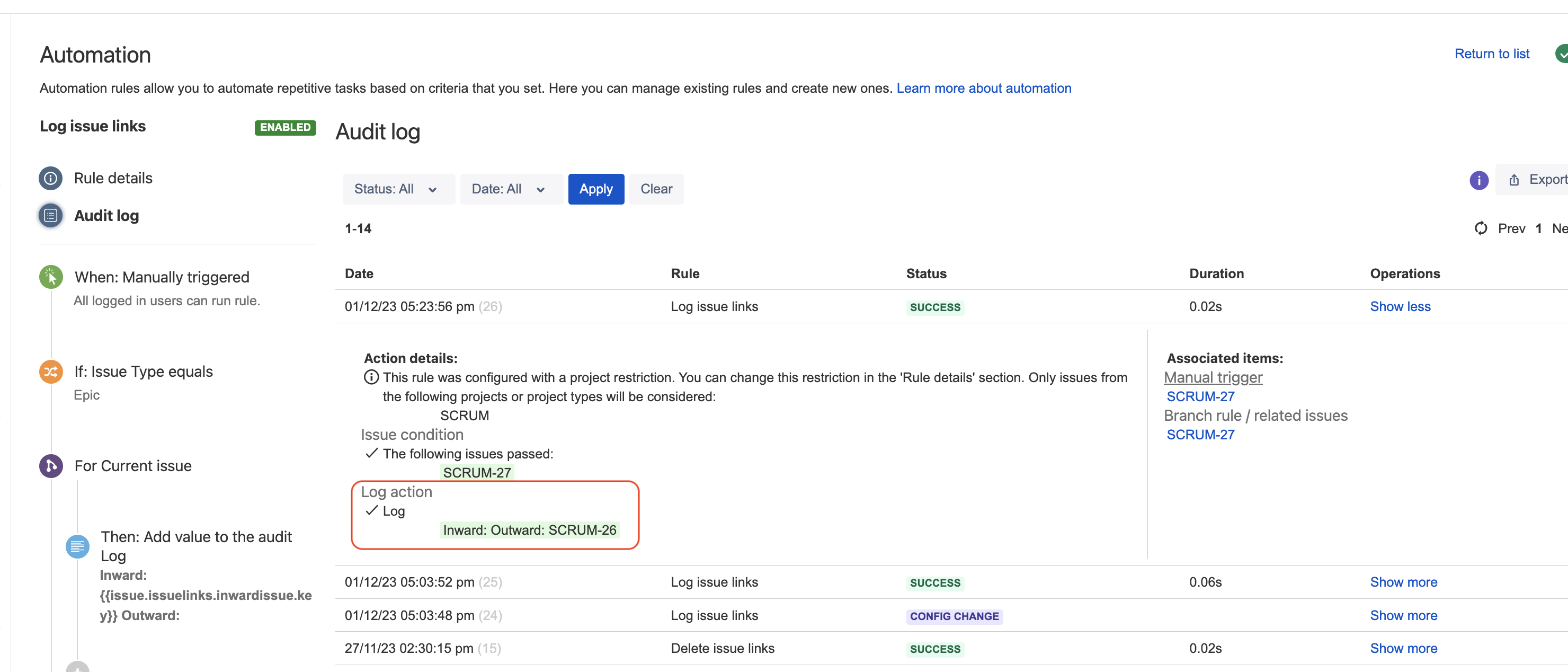 Verify using log action