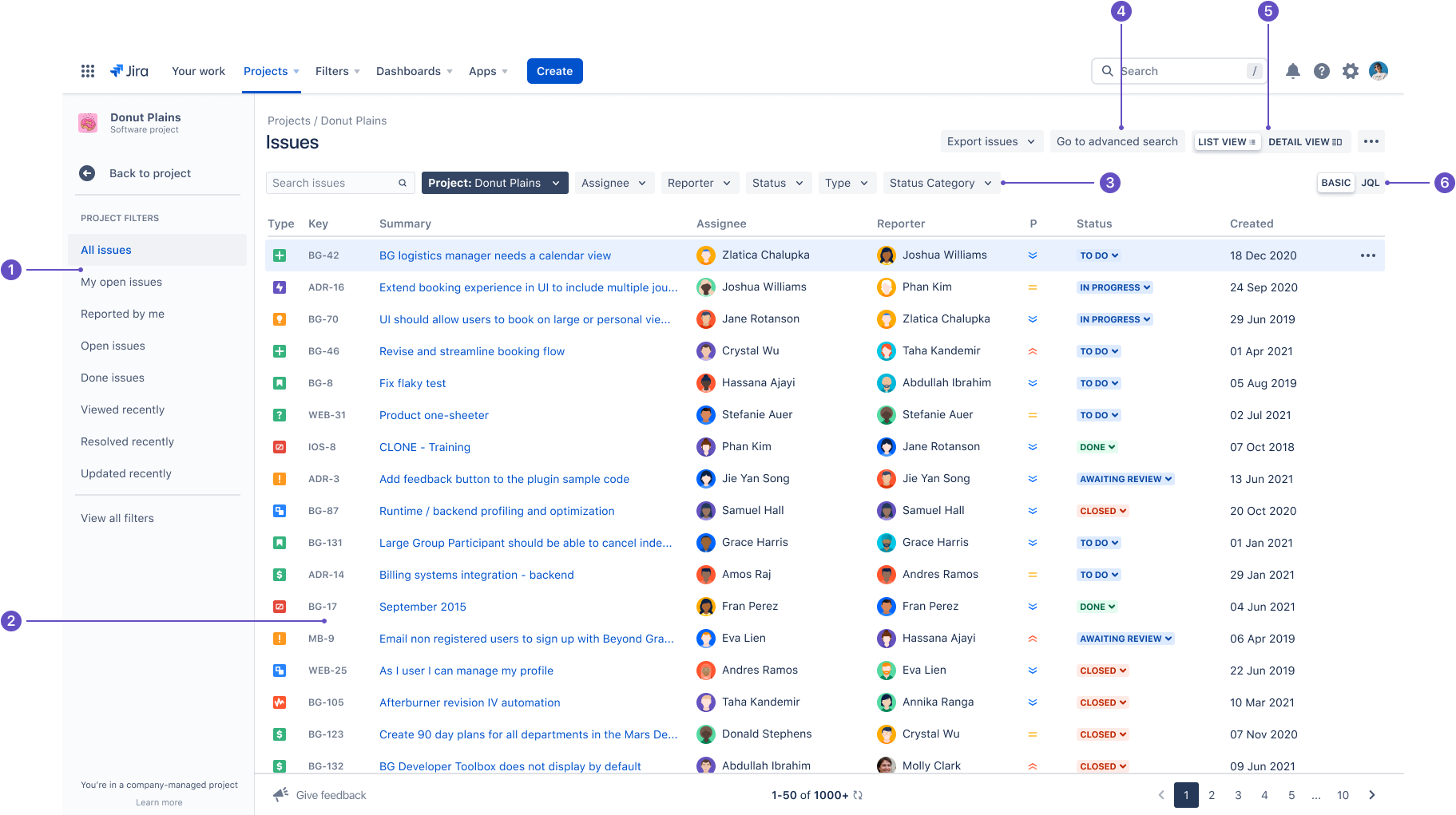 The project issue navigator in a company-managed project with pre-set filters, advanced search and field filters.