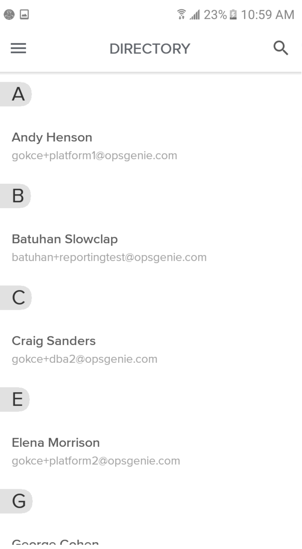 A screenshot showing user directory in Opsgenie's Android app.