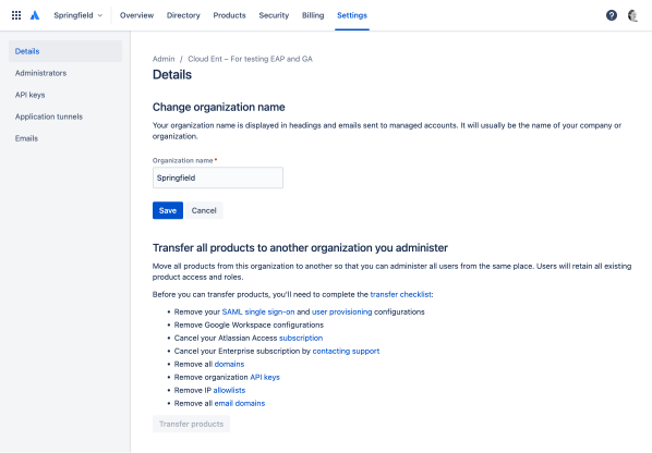 The transfer checklist lists any configuration or subscriptions that must be removed before you can transfer all products.