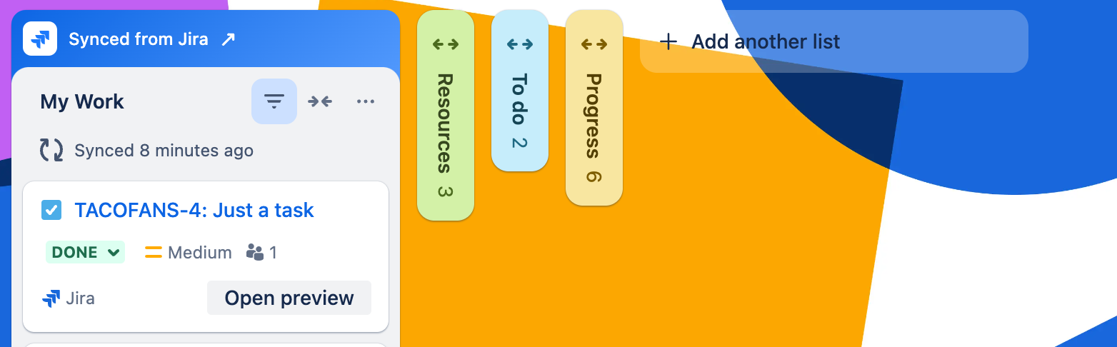 Trello board with a Jira list showing work synced from Jira.