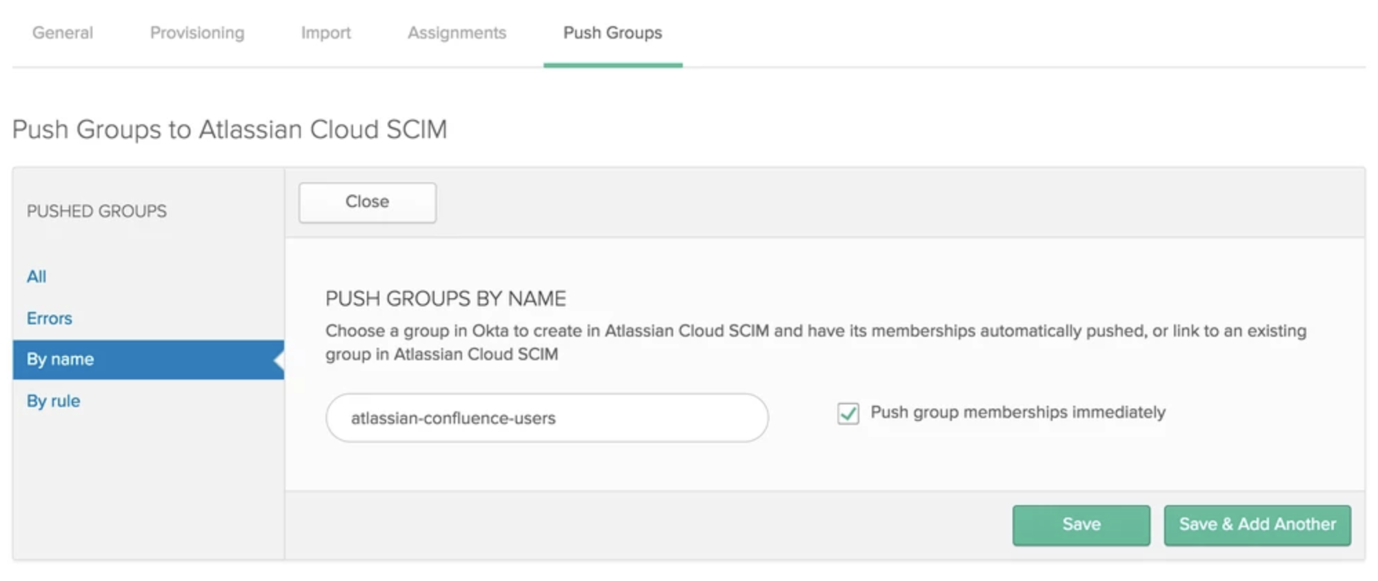 グループを Atlassian Cloud SCIM にプッシュする画面。トップ メニューには [Push Groups (グループをプッシュ)]、サイド メニューには [By name (名前別)] が選択されています。選択するグループ名が表示されています。
