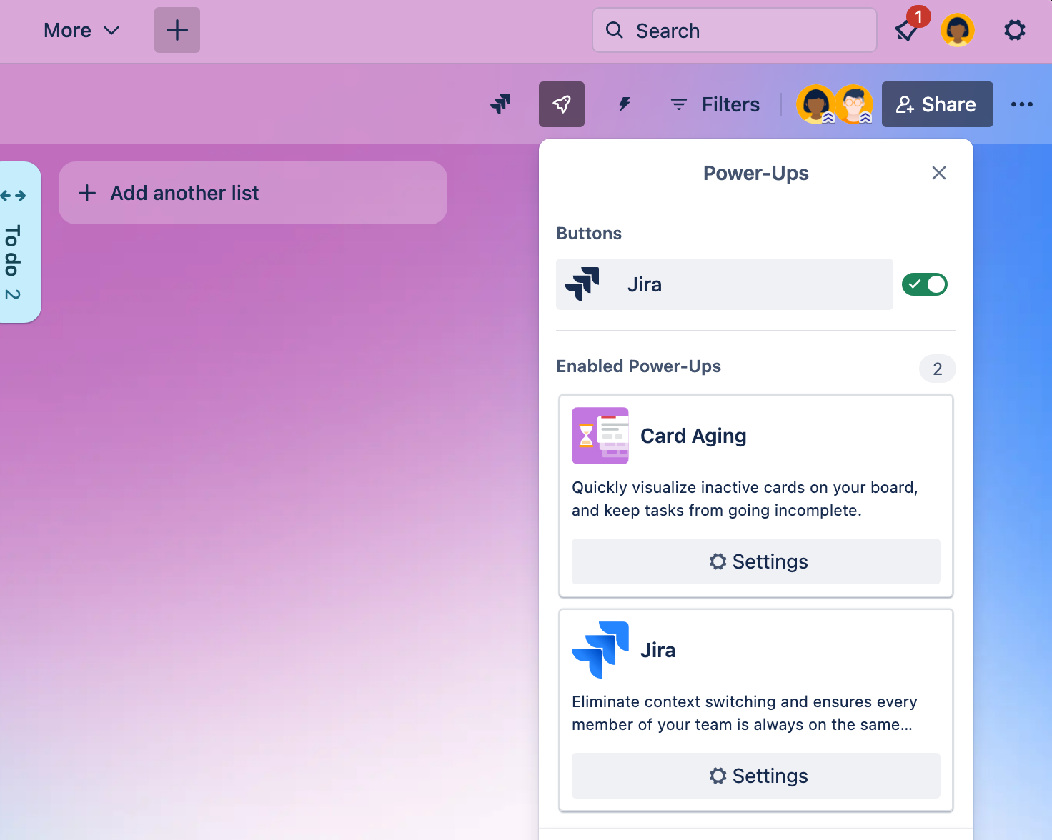 Power-Ups menu in the Trello board header with the Jira Power-Up button enabled.