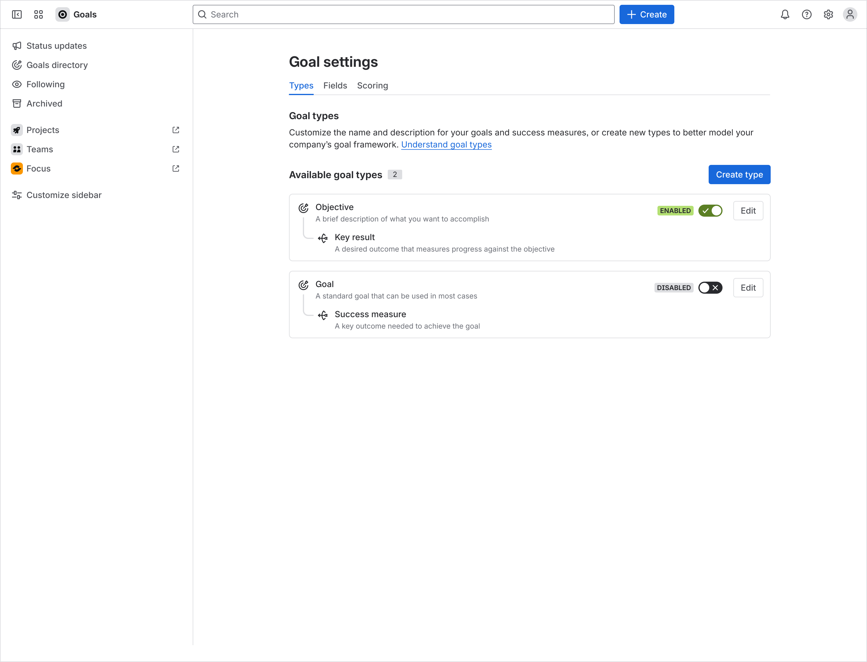 Page showing the admin settings screens for goals, with the Types tab selected. Goals and OKRs