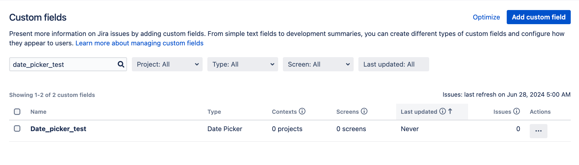 Custom fields page in Jira.