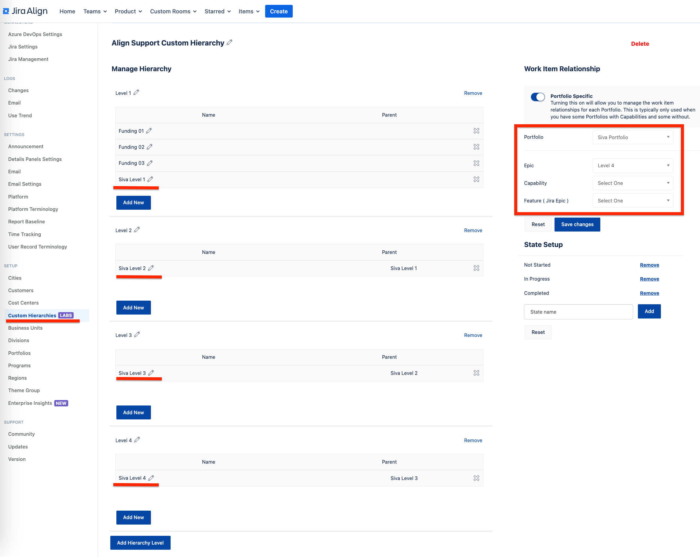 Jira Align Custom Hierarchy with Work Item Relationship highlighted