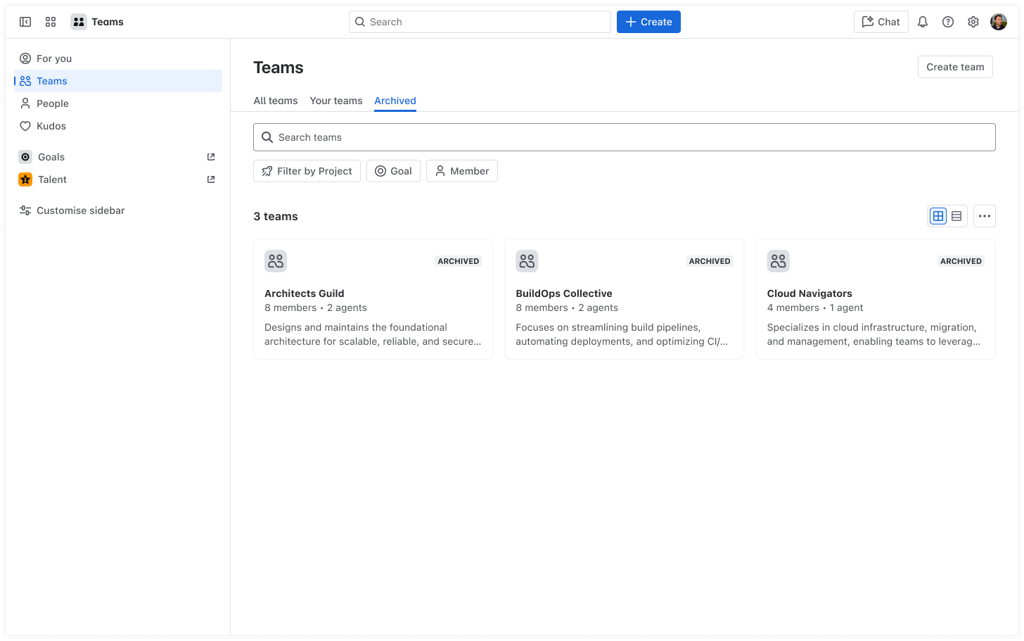 Screenshot of search page for Archived teams