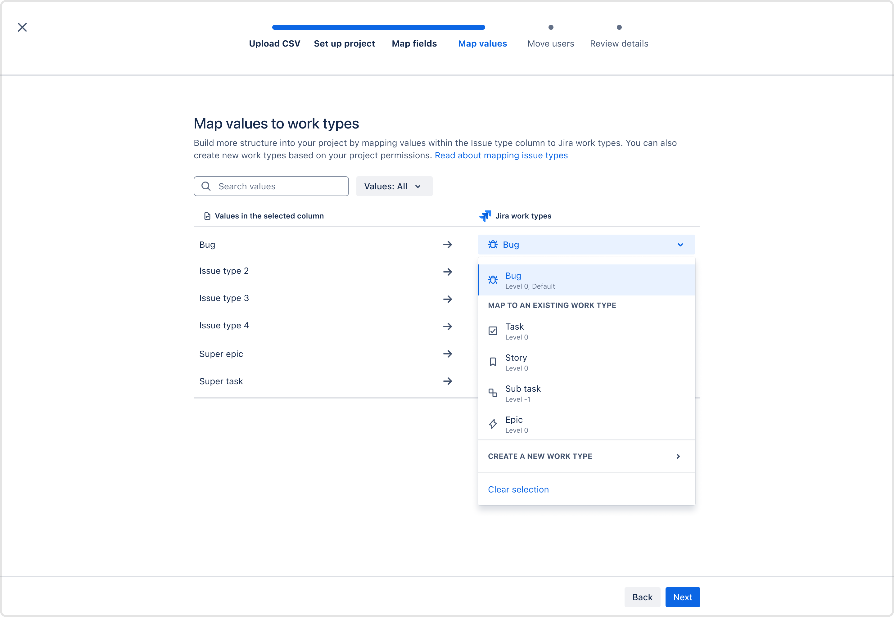 Map values to issue types screen