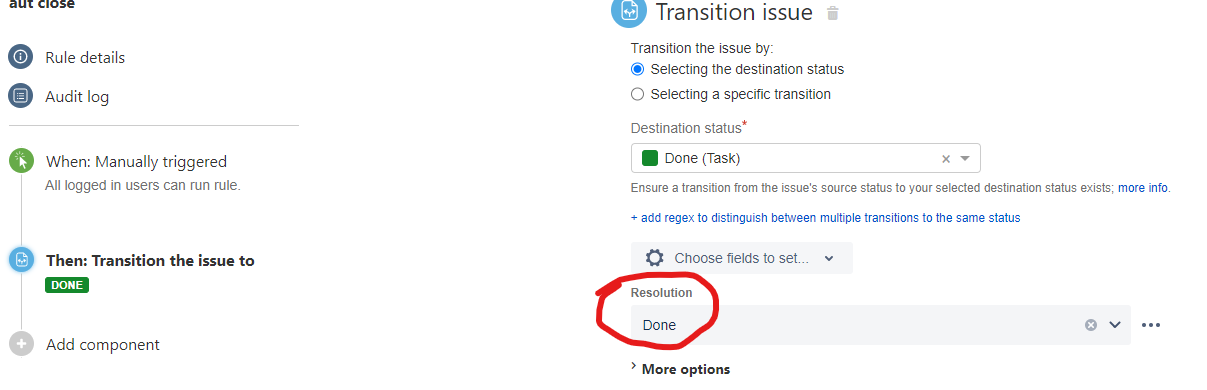 A4J rule with action "Transition Issue", the Resolution field is set to Done.