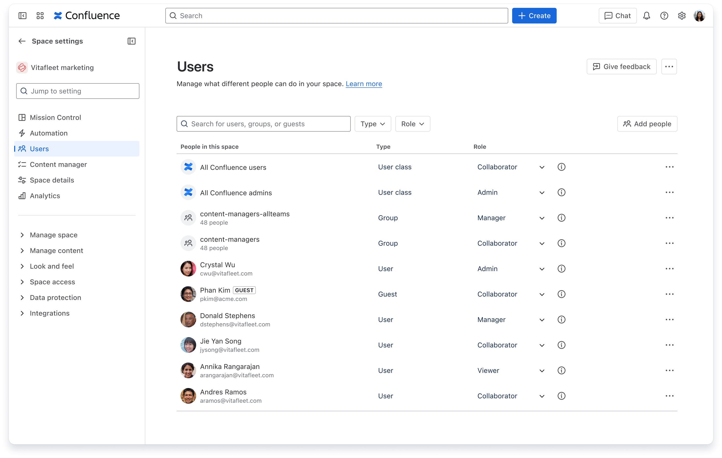 User classes in the Users page to manage space access