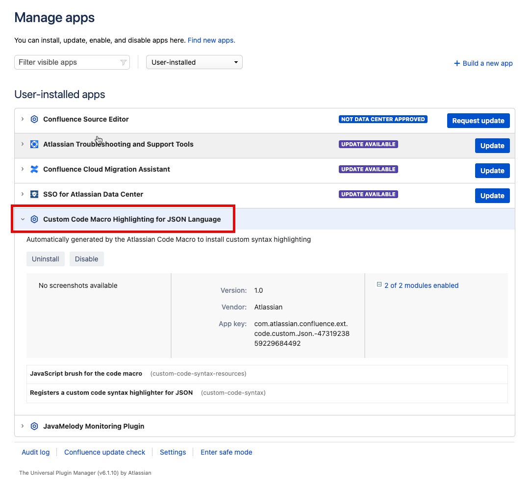 Manage Apps showing Custom Code Macro Language