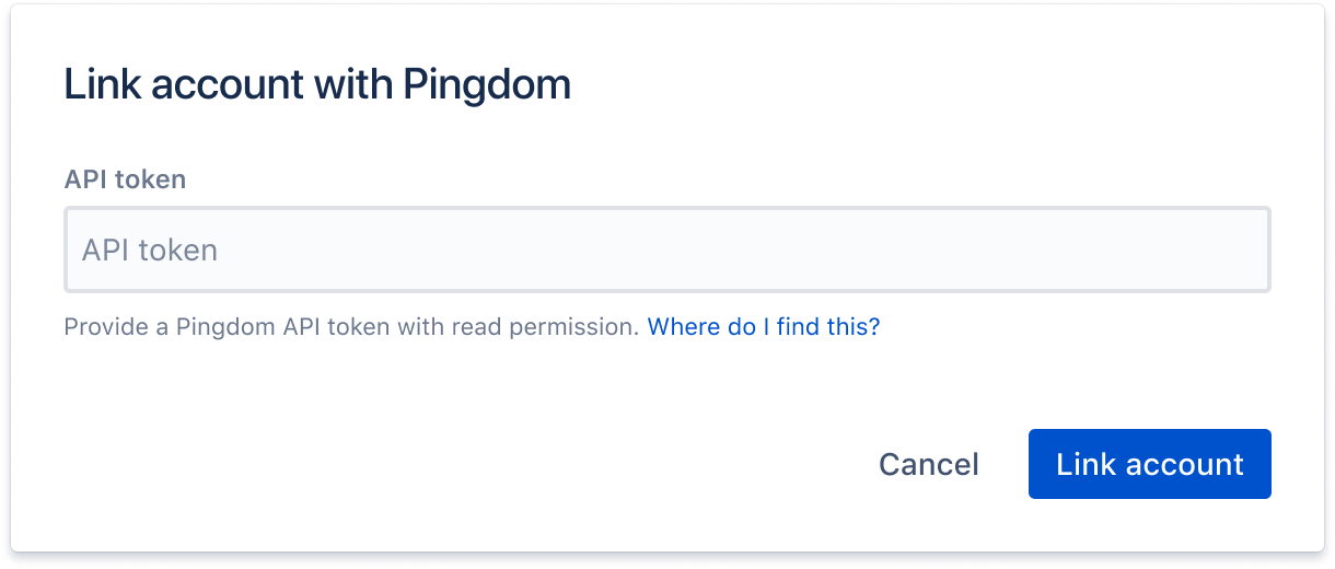 Pingdom ダイアログで API トークンを入力してアカウントをリンクする