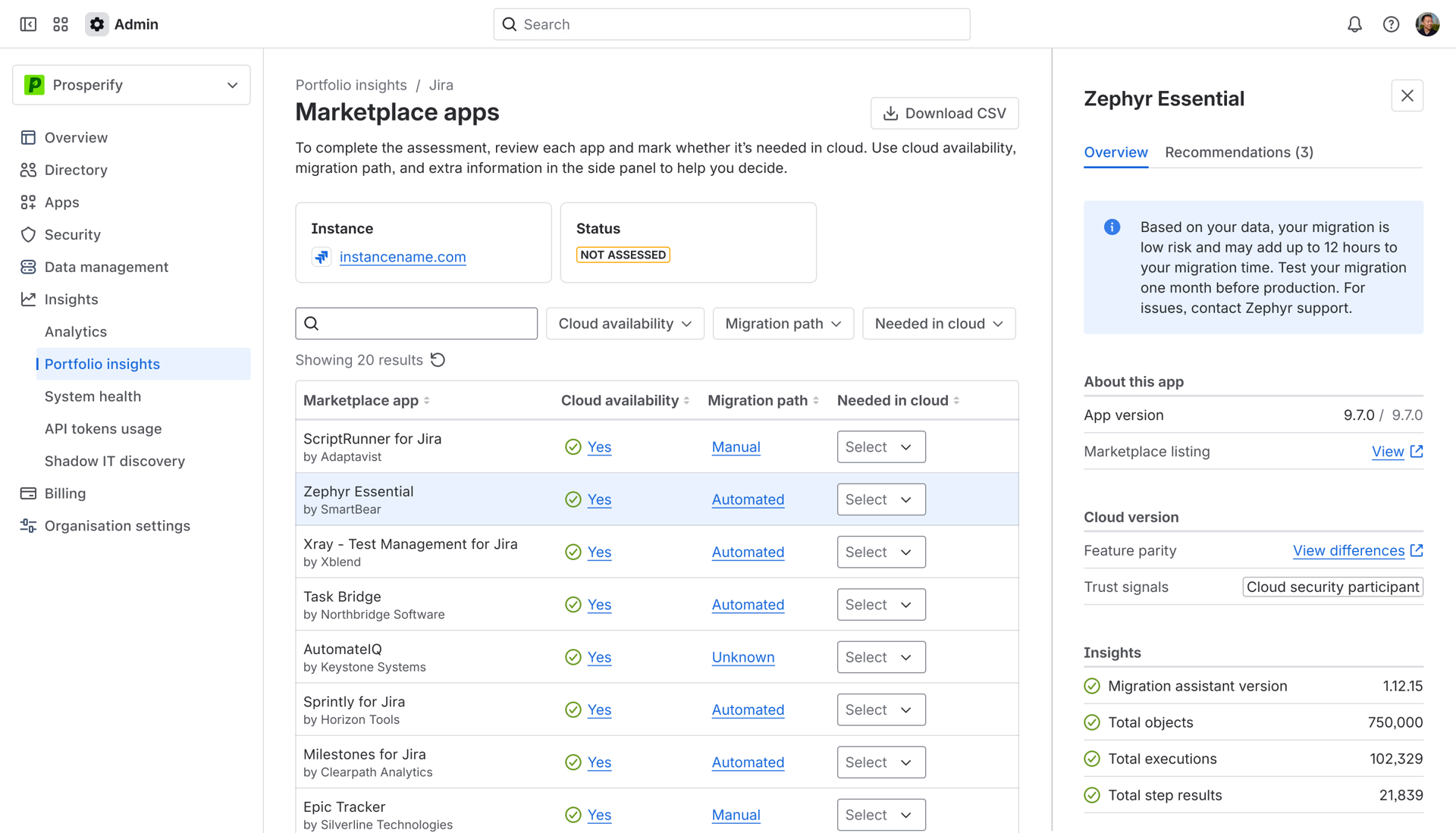 Side panel showing information about Zephyr in Marketplace Apps Assessment page.