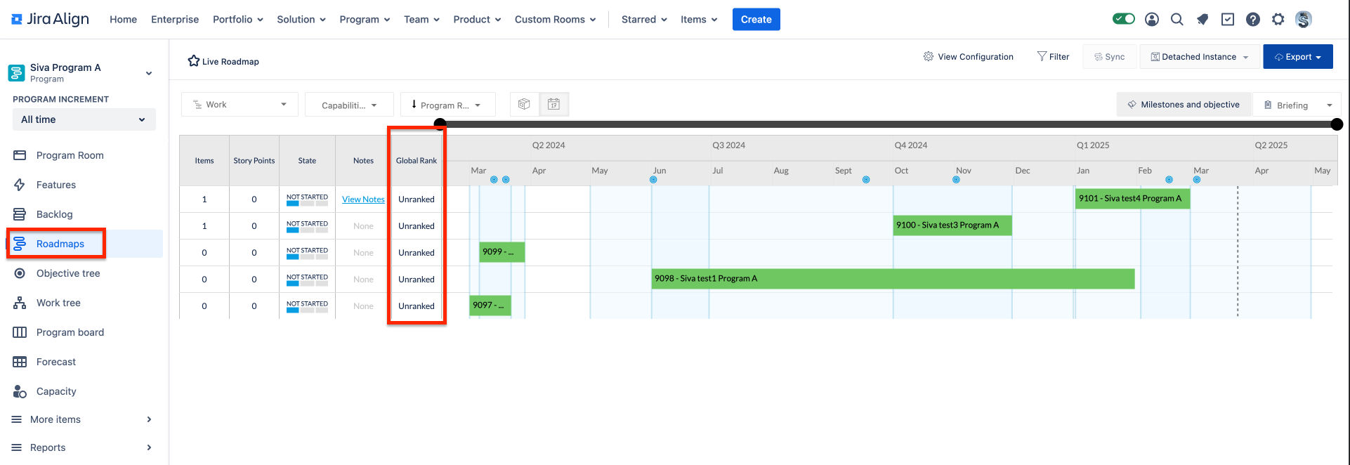 The roadmaps view displays Global Rank